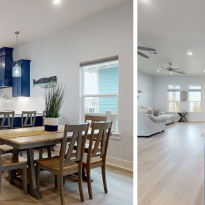 beautiful vacation rental kitchen, dining, and coffee bar with blue cabinets