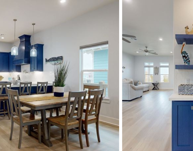 beautiful vacation rental kitchen, dining, and coffee bar with blue cabinets
