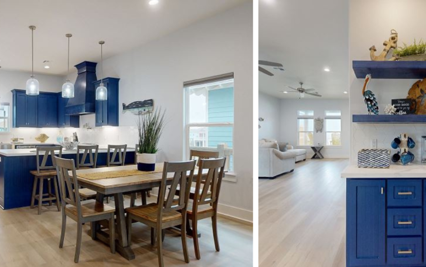 beautiful vacation rental kitchen, dining, and coffee bar with blue cabinets