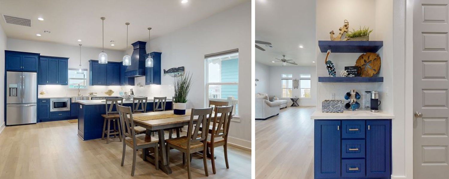 beautiful vacation rental kitchen, dining, and coffee bar with blue cabinets