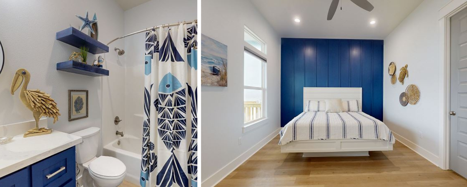vacation rental bedroom and bathroom with blue accents
