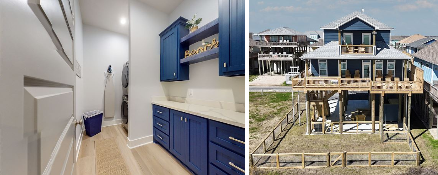 vacation rental laundry room and exterior with blue accents