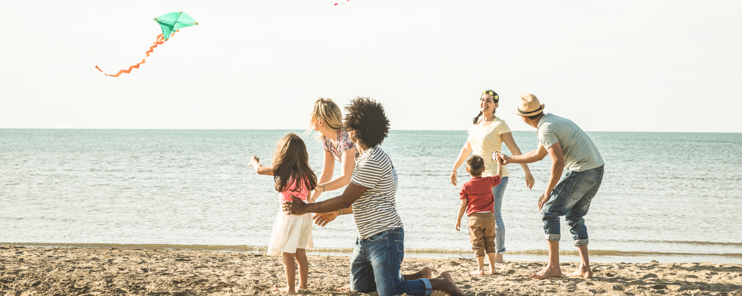 children and adult on a beach flying a kite