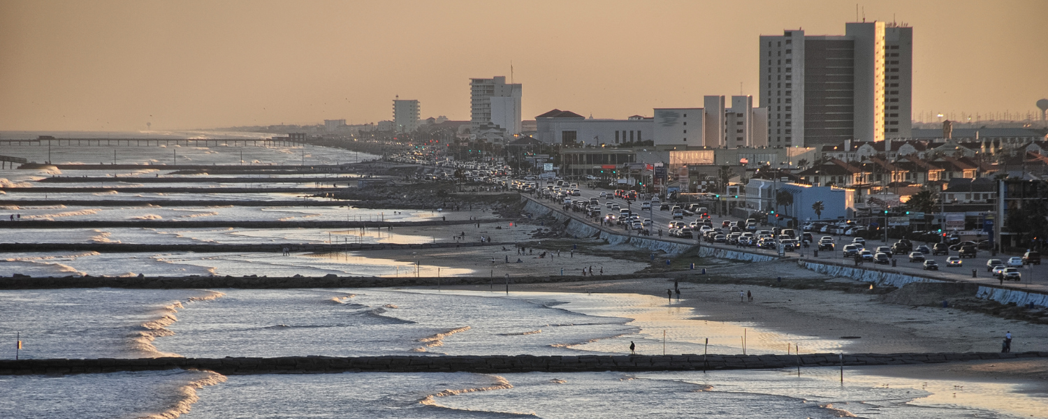 Galveston, TX shoreline and skyline