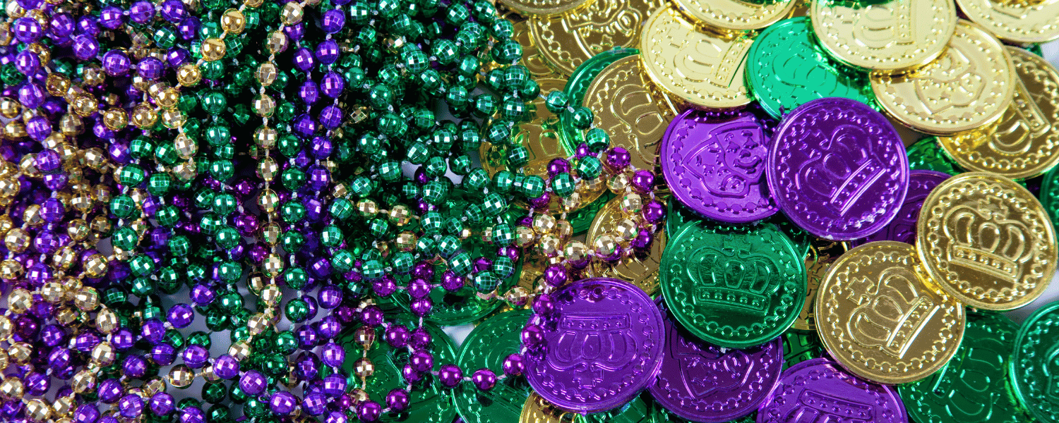 mardi gras beads and coins