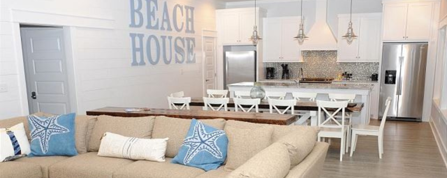 beach house living room, kitchen, and dining room